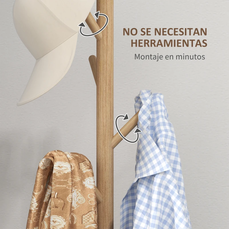 HOMCOM Perchero de Pie de Madera Forma de Árbol con 8 Ganchos para Colgar Ropa Bolsos en Pasillo Entrada 40x40x165 cm Natural
