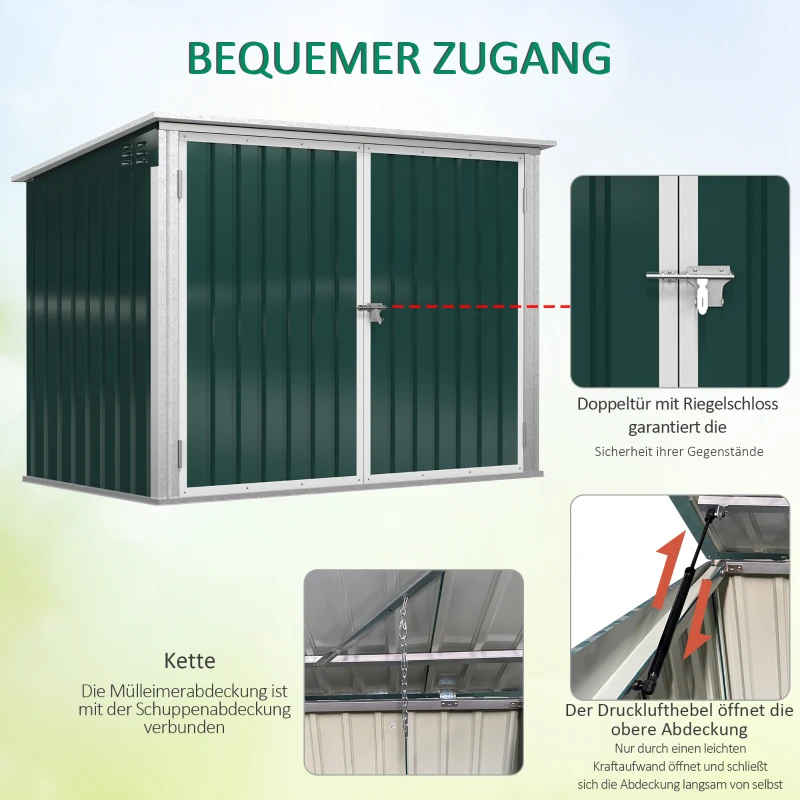 Outsunny Mülltonnenbox Müllbox Storer abschließbar Gerätebox für 2 Mülltonnen Stahl 178,5 x 104,5 x 128,5/113 cm Grün