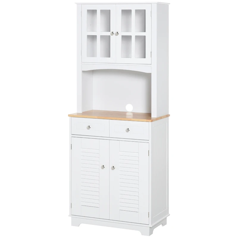 HOMCOM Buffet de cuisine armoire de cuisine 2 placards 2 portes persiennes et acryliques 2 tiroirs grande niche bois caoutchouc MDF blanc