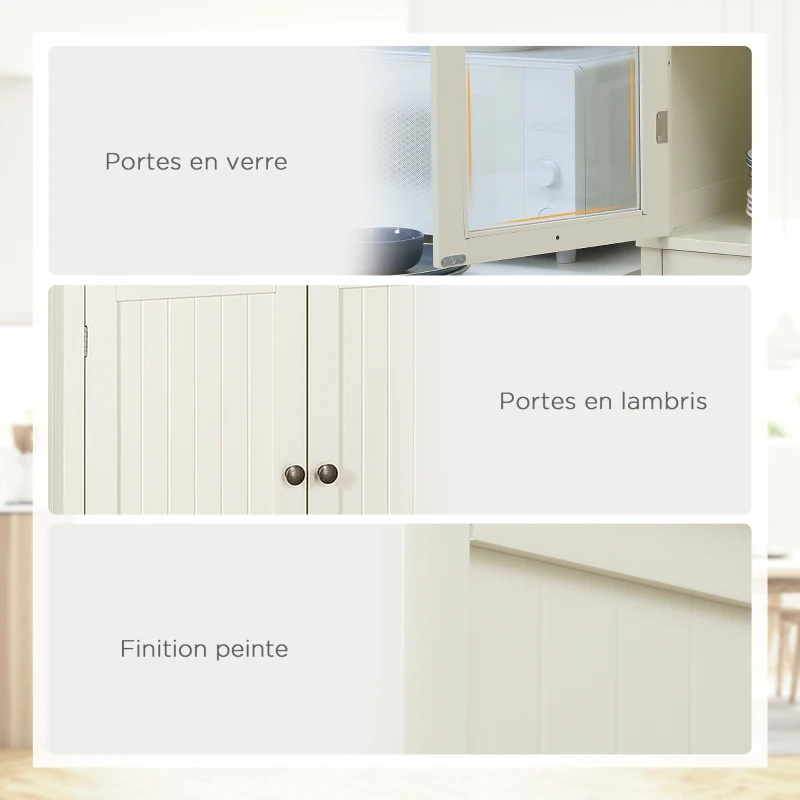 HOMCOM Buffet meuble cuisine rangement armoire de cuisine 4 portes dont 2 portes vitrées et 1 tiroir hauteur 182,5 cm avec étagères réglables - beige(m-5)