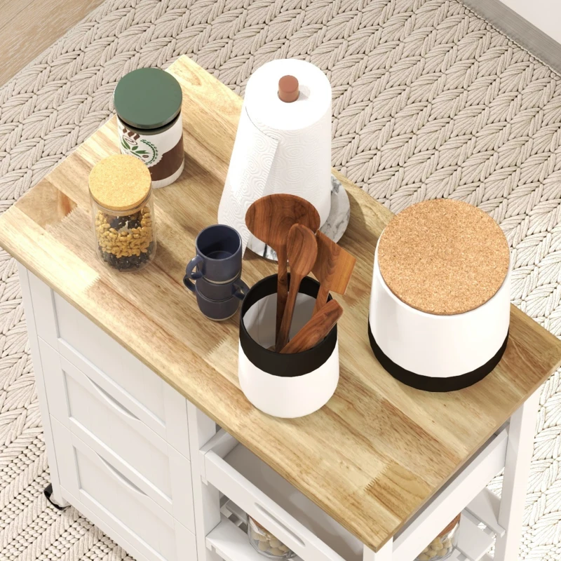HOMCOM Chariot desserte de cuisine à roulettes plan de travail en bois 3 tiroirs + 1 plateau amovible 67 x 37 x 85,5 cm blanc