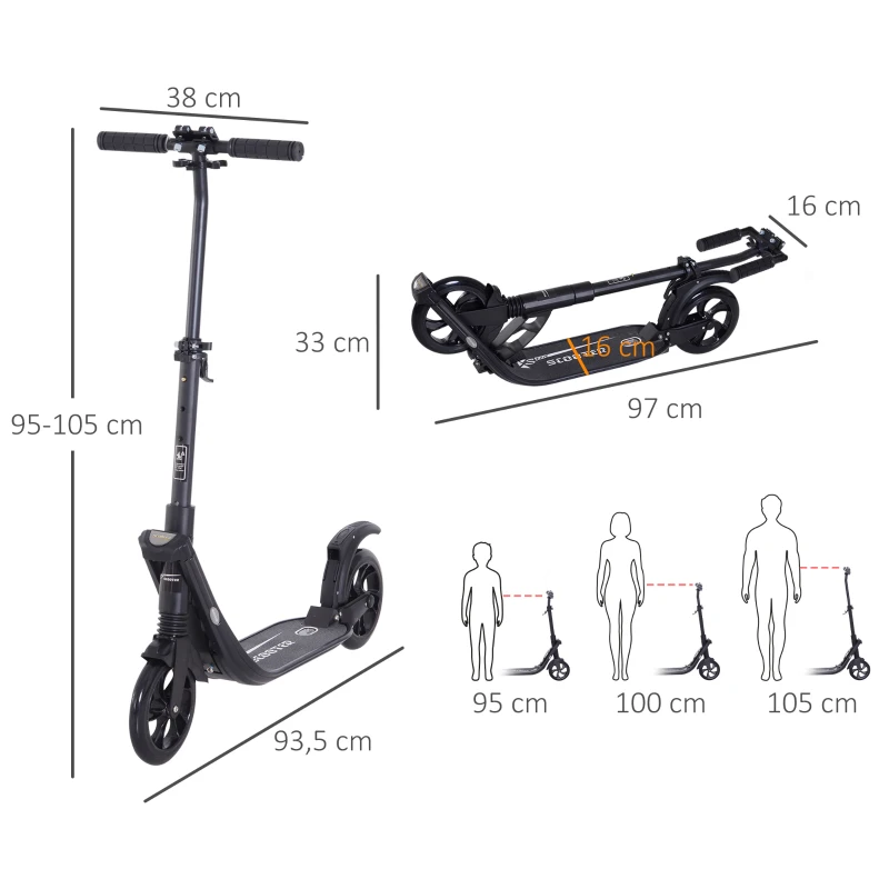 HOMCOM Patinete Plegable para Adultos y Niños +14 años Scooter Ligero con Manillar Altura Ajustable Tipo Monopatín con Freno Grandes Ruedas Ø200 mm Amortiguador Aluminio Carga 100 kg Negro