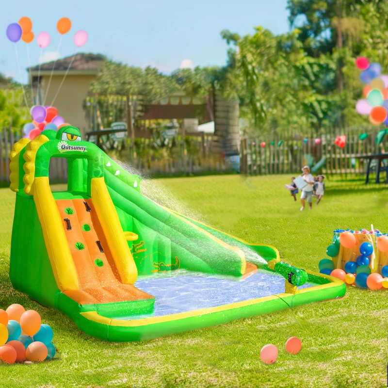 Outsunny Aufblasbare Hüpfburg mit Gebläse Wasserrutsche Spielpool Aufblasbare Wasserspielcenter mit Rutsche Wasserpark aufblasbar Planschbecken ab 3 Jahre 380 x 285 x 225 cm