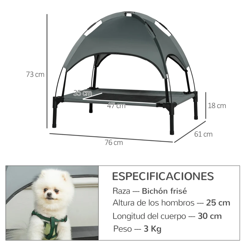 PawHut Cama Elevada para Mascotas Portátil con Toldo Extraíble Tela Transpirable al Aire Libre para Interior y Exterior 76x61x73 cm Gris