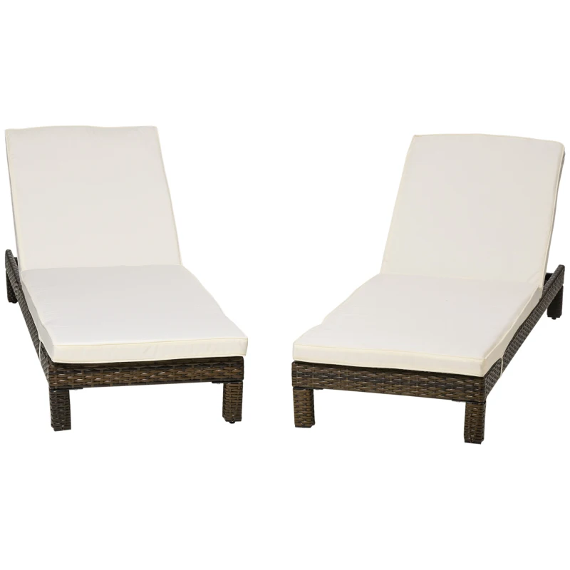 Outsunny Set 2 Lettini Prendisole in Rattan PE con Cuscino e Schienale 5 Reclinazioni, 196x60x22cm