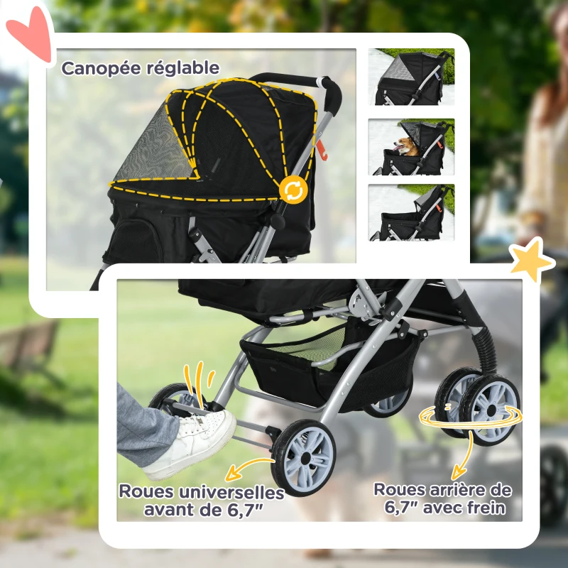 PawHut Poussette buggy pliable chien chat panier et sac de rangement attaches sécurité housse réglable acier Oxford noir