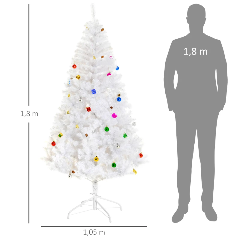 HOMCOM Árbol de Navidad Artificial 180 cm con 930 Ramas de Plástico 48 Decoraciones Incluidas Ø105x180 Blanco