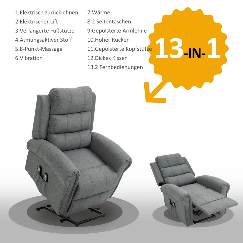 HOMCOM elektrischer Aufstehsessel Massagesessel mit Wärmefunktion Sessel mit Aufstehhilfe relaxsessel mit Fernbedienung Leinen Grau 90 x 91 x 106 cm