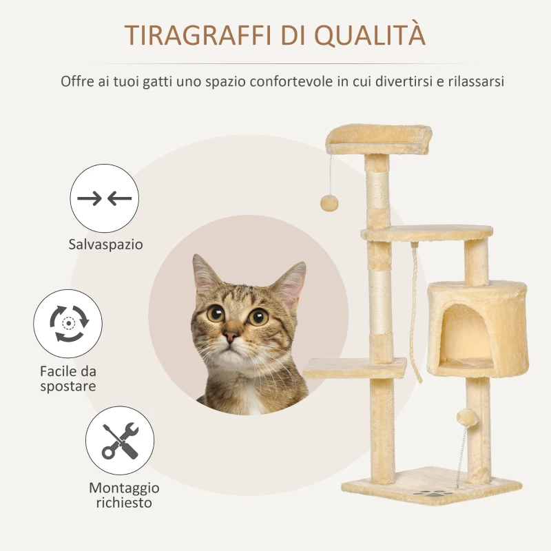 PawHut Albero Tiragraffi per Gatti in Legno a 4 Livelli con Cuccia, Giocattoli, Pallina e Corda, Altezza 114 cm