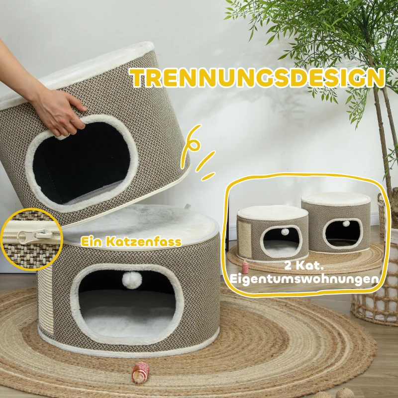 PawHut Katzenfass, 3 Ebenen, mit Kissen, Kratzmatte, Spielbällen, Katzenhaus für Innenbereich, Braun