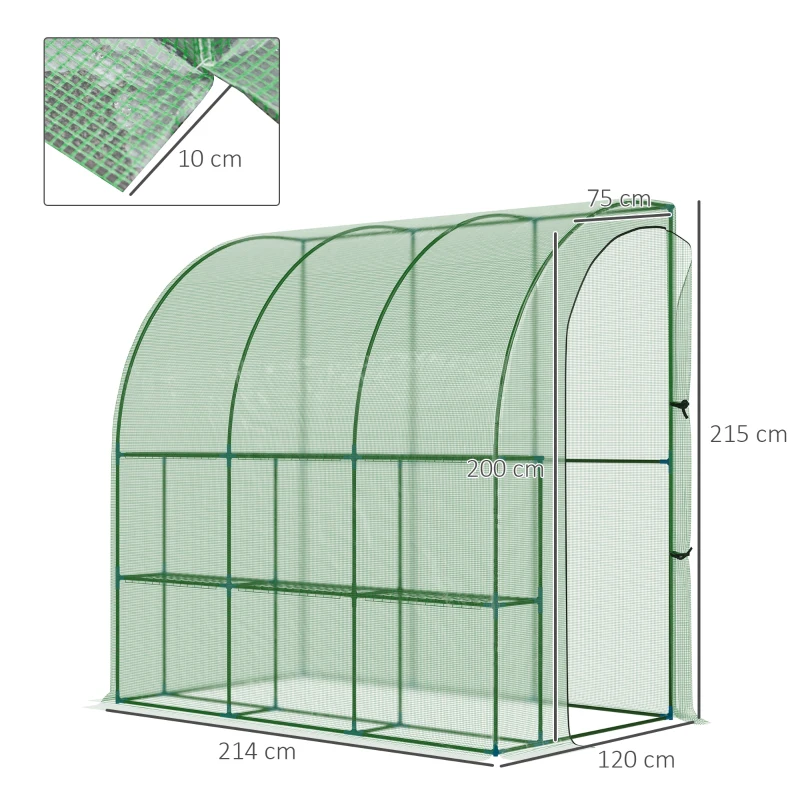 Outsunny Outdoor Walk-In Lean to Wall Tunnel Greenhouse with Zipped Roll Up Door PE Cover Green 214L x 120W x 215Hcm