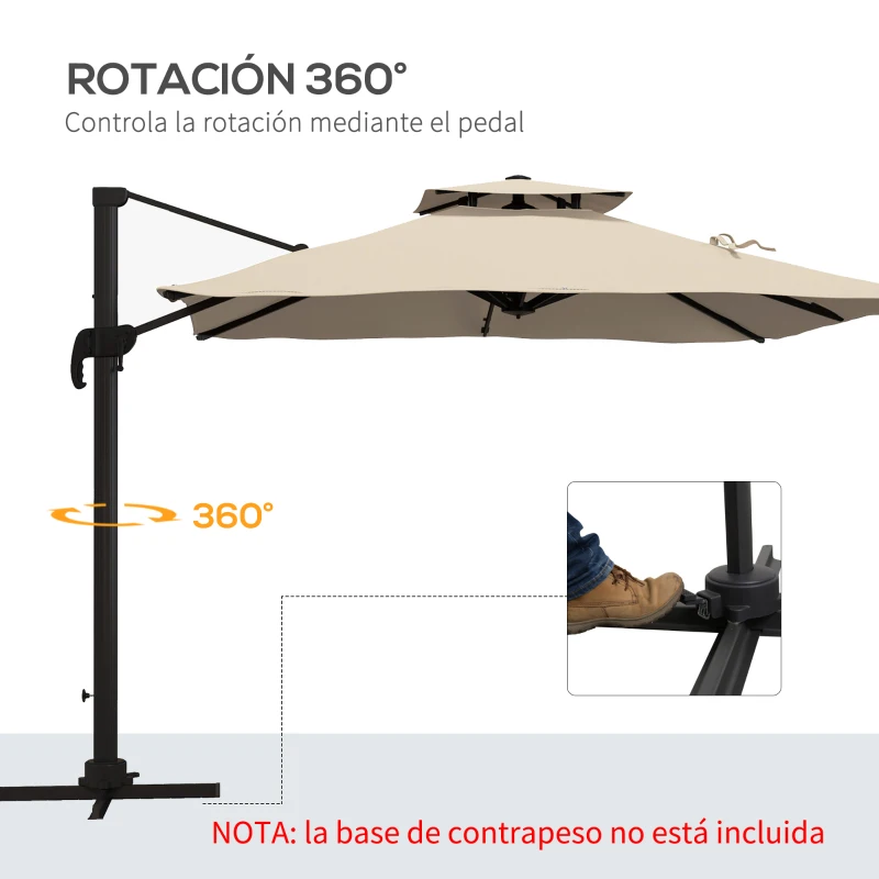 Outsunny Sombrilla de Jardín 300x300 cm Parasol de Aluminio con Manivela Poste Giratorio 360° Doble Techo Inclinable Caqui