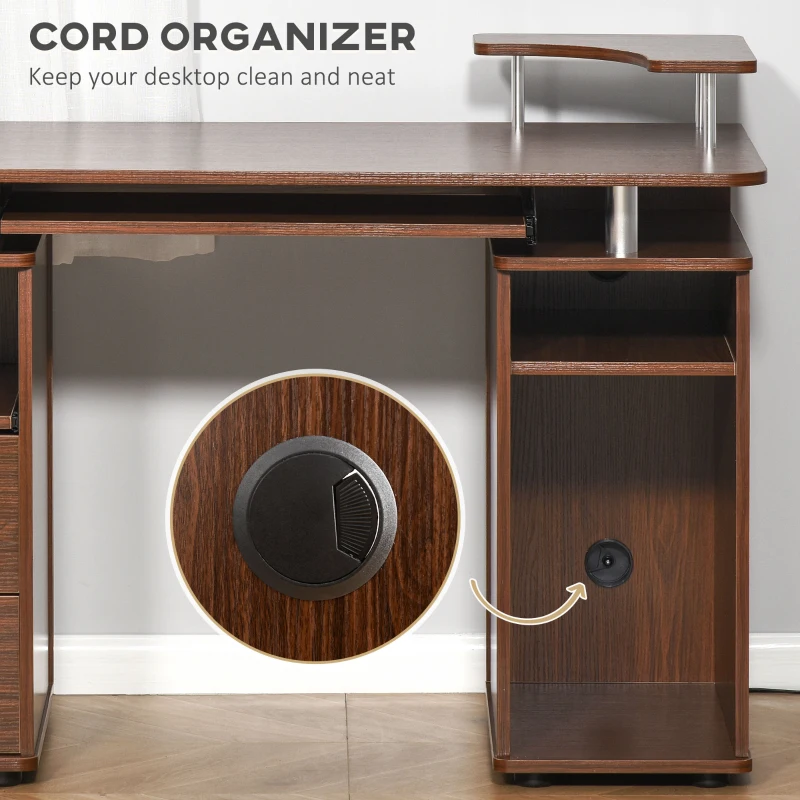HOMCOM Computer Desk Office PC Table Workstation with Keyboard Tray, CPU Shelf, Drawers, Sliding Scanner Shelf, Brown