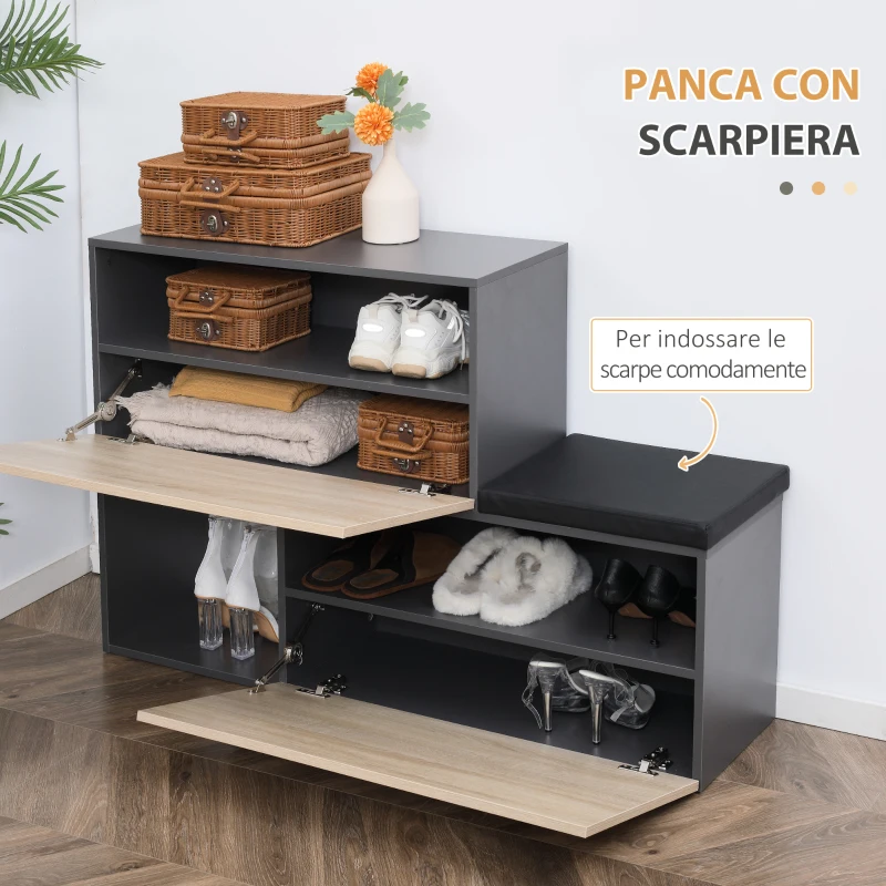 HOMCOM Set Mobile da Ingresso con Attaccapanni, Scarpiera con Panca e Scaffale, Grigio e Naturale