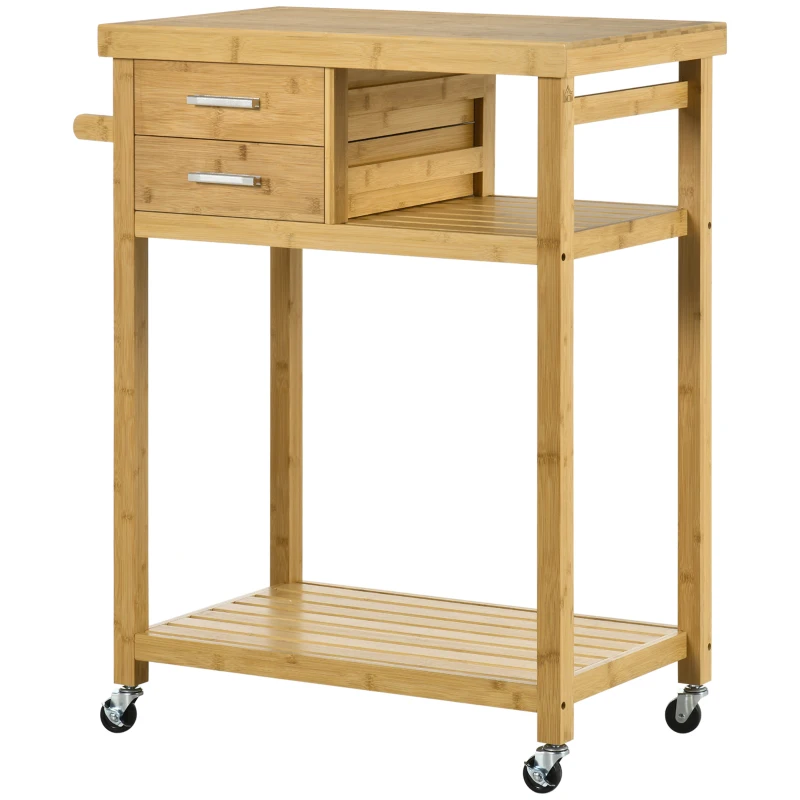 HOMCOM Desserte de cuisine à roulettes chariot de service meuble de rangement pour cuisine en bambou 2 tiroirs 83 x 45 x 96 cm