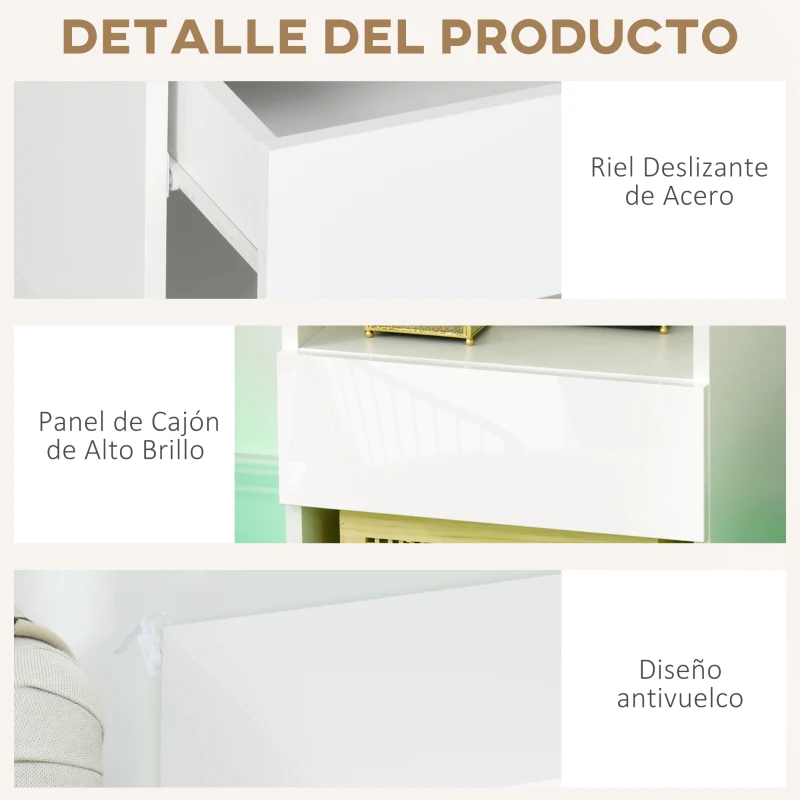 HOMCOM Mesita de Noche con Luz LED Mesilla de Noche con Mando a Distancia Cajón de Alto Brillo y 2 Estantes 40x40x55 cm Blanco
