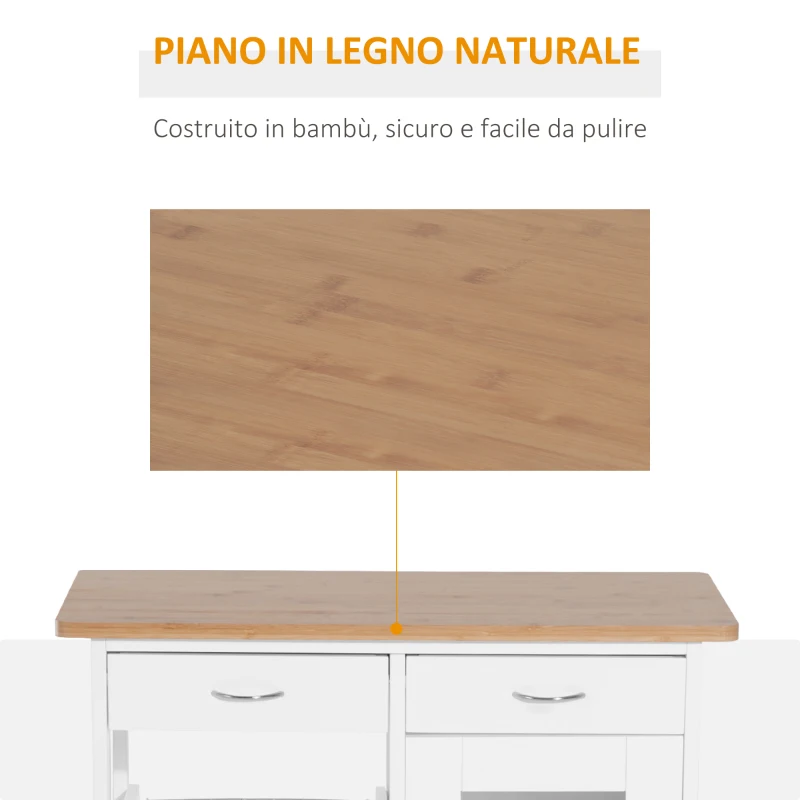 HOMCOM Carrello da Cucina con Ruote, Cassetti e 2 Cesti, Mobile da Cucina Salvaspazio in Legno di Pino, Bianco, 70 x 37 x 85cm