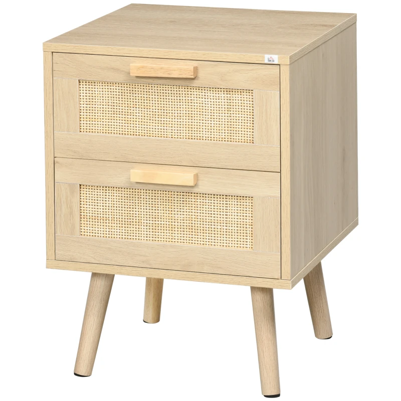 HOMCOM Mesita de Noche Estilo Cannage Mesilla de Noche con 2 Cajones y Patas de Madera para Salón Dormitorio 40x40x56cm Natural(m-10)
