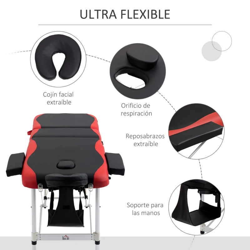 HOMCOM Camilla de Masaje Plegable y Portátil 210x81x62-85 cm Mesa Ajustable en Altura con Reposacabezas y Apoyabrazos para Tatuaje Fisioterapia Negro y Rojo