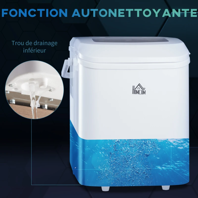 HOMCOM Machine à glaçon portative capacité réservoir eau 1,5 L autonettoyante pelle à glace et panier inclus jusqu'à 12kg/24h PP acier blanc
