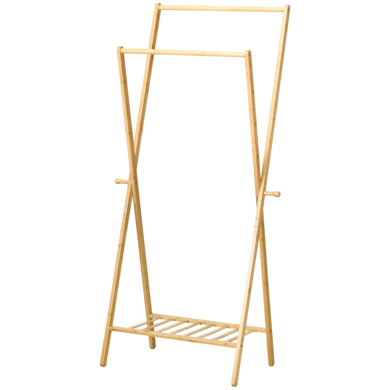 HOMCOM Perchero de Pie de Bambú con Estante para Zapatos 2 Barras y 2 Ganchos para Dormitorio Entrada 74x42x150 cm Natural