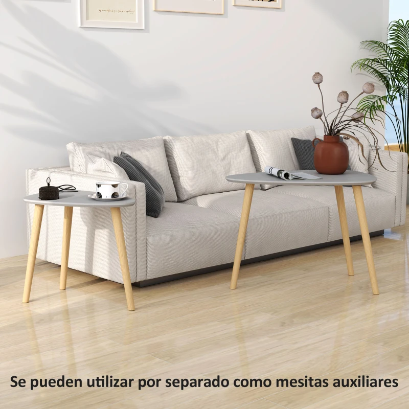 HOMCOM Juego de 2 Mesas Auxiliares Mesas Nido con Patas de Madera 59,5x39,5x45 cm y 44,5x28,5x40 cm Gris y Natural