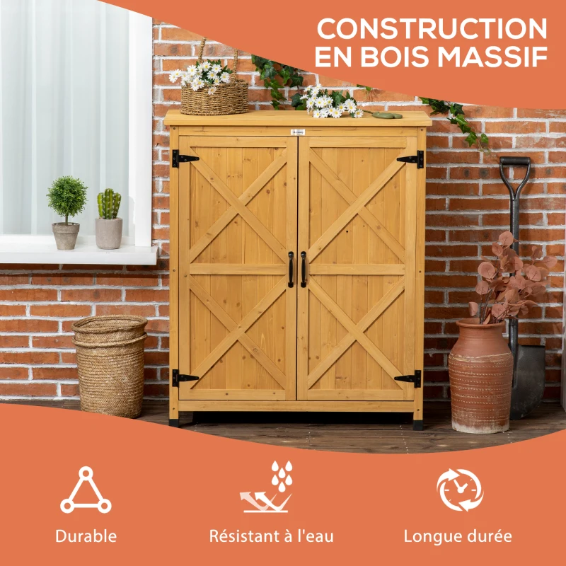Outsunny Armoire de jardin en bois remise pour outils sur pieds avec 2 portes 2 étagères 94 x 45 x 112 cm jaune