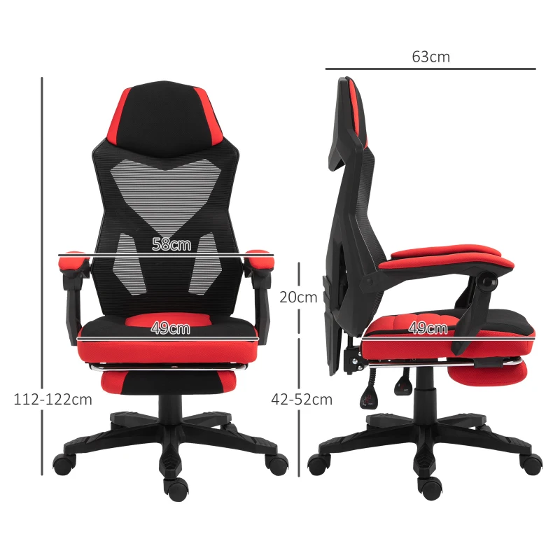 Vinsetto Ergonomischer Bürostuhl, Gaming Stuhl, Drehstuhl mit Fußstütze, PC Stuhl, Chefsessel,  höhenverstellbar, Polyester, Schwarz+Rot,58 x 63 x 112-122 cm