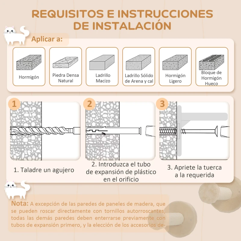 PawHut Rascador de Pared para Gatos de 4 Piezas con Postes de Sisal Plataforma para Saltar Bola de Juguete Beige