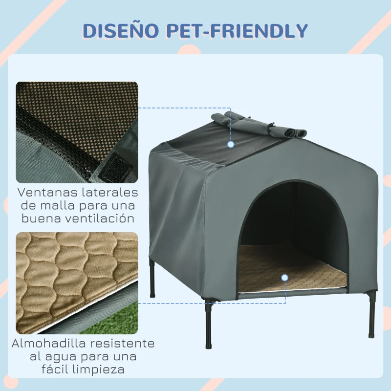 PawHut Caseta para Perros con Cubierta Exterior 110x75x87 cm Cama Elevada para Mascotas con Cojín para Perros Grandes Gris