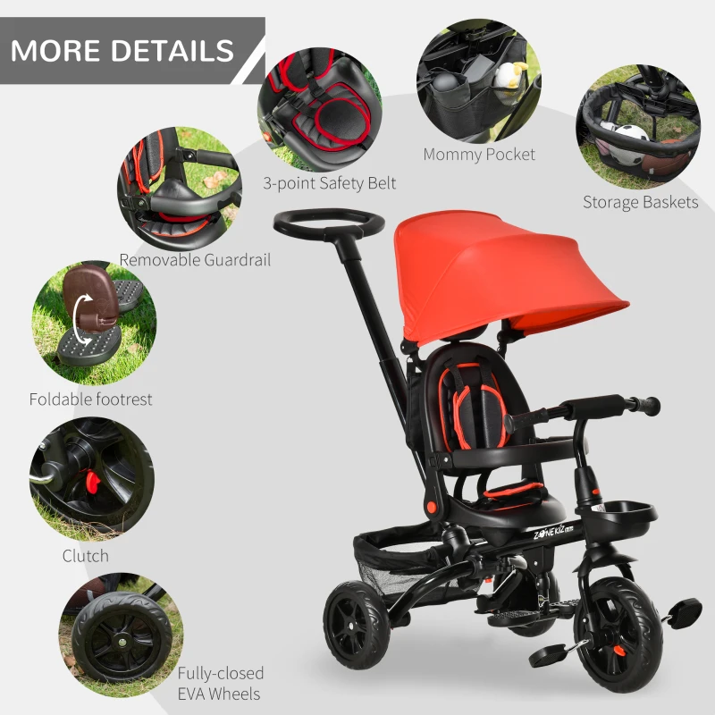 HOMCOM 4 in 1 Kids Trike Toddler Foldable Pedal Tricycle w/ Reversible Angle Adjustable Seat Removable Handle Canopy Handrail Belt Storage Footrest Brake Clutch for 1-5 Years - Red
