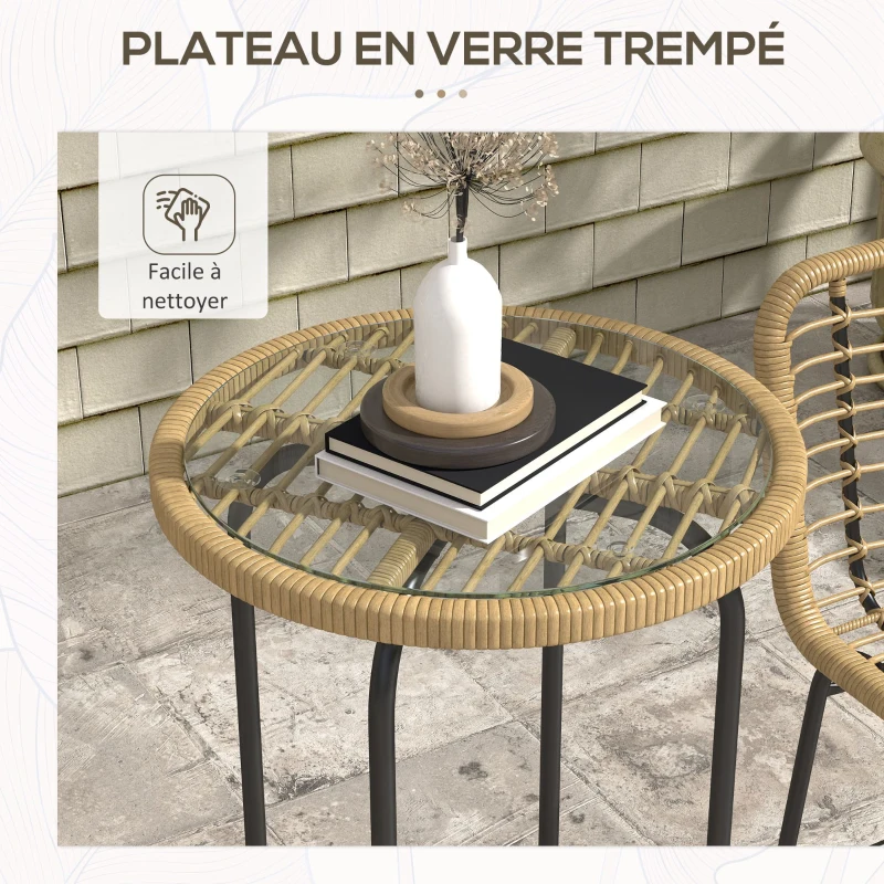Outsunny Ensemble 3 pièces 1 table haute ronde design bohème + 2 tabourets ronds avec repose-pied en métal 2 personnes naturel