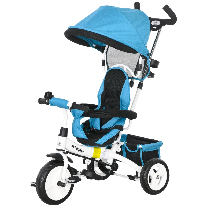 HOMCOM Triciclo Evolutivo para Niños +12 Meses con Toldo Plegable Mango de Empuje Telescópico y Cinturón de Seguridad Azul