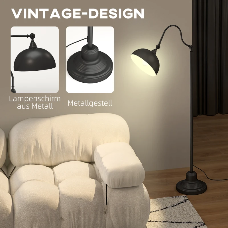 HOMCOM Stehleuchte im Vintage-Design, verstellbarer Winkel, Metall, 42 x 25,5 x 152 cm, Schwarz
