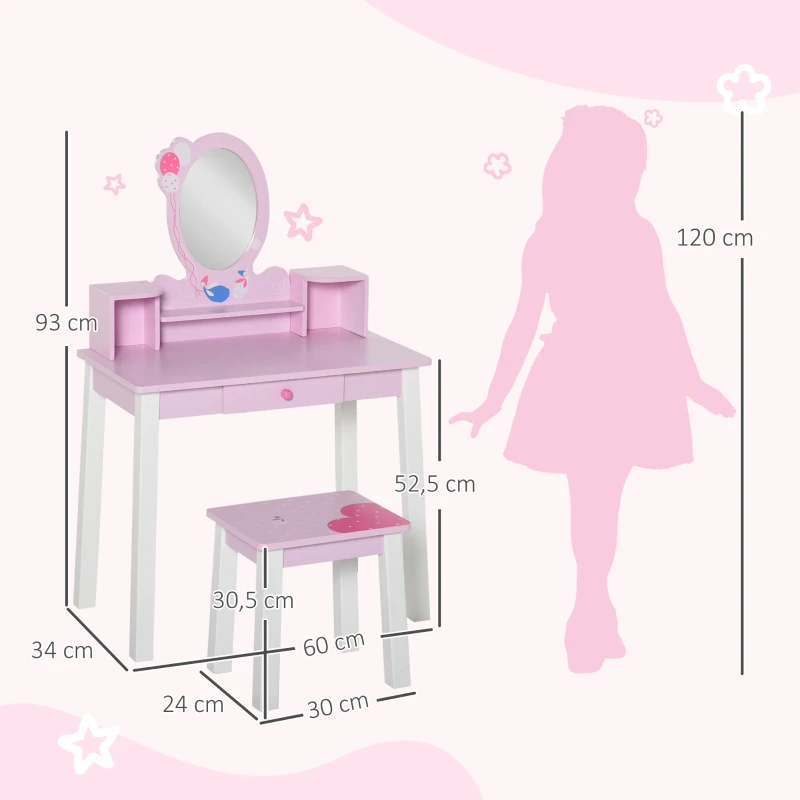HOMCOM Coiffeuse Enfant Table de Maquillage avec Tabouret, 1 tiroir, Miroir 59 x 39 x 92 cm Bois Rose