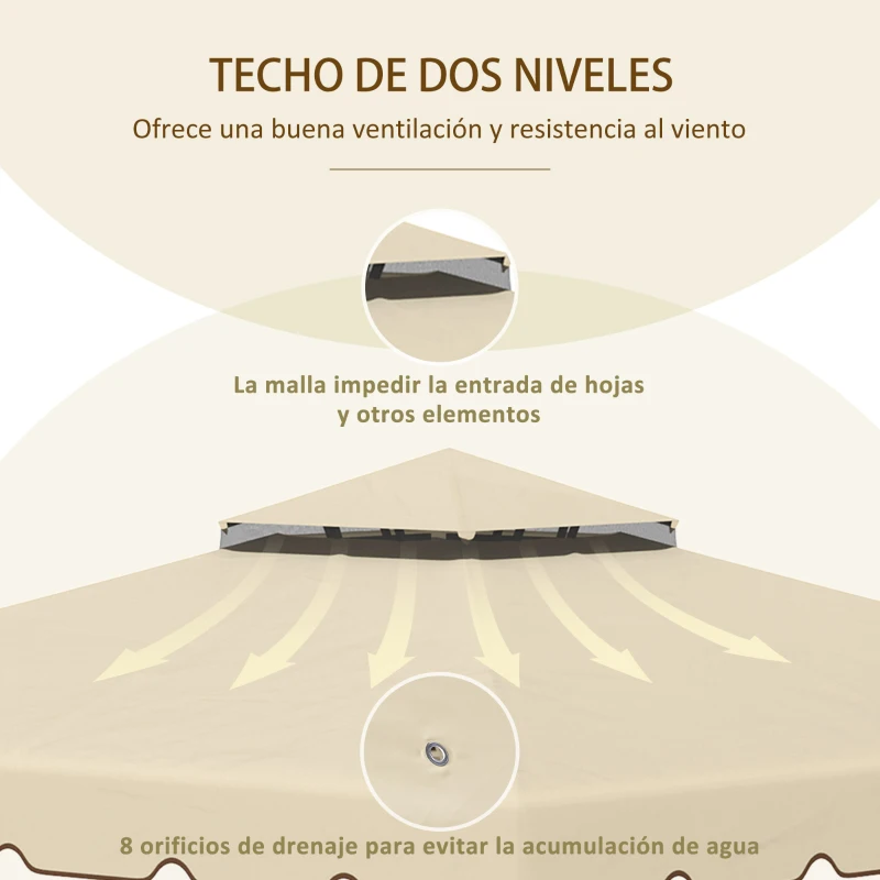 Outsunny Techo de Repuesto para Cenador 3x3 m Cubierta de Repuesto con Doble Techo y 8 Orificios de Drenaje Beige
