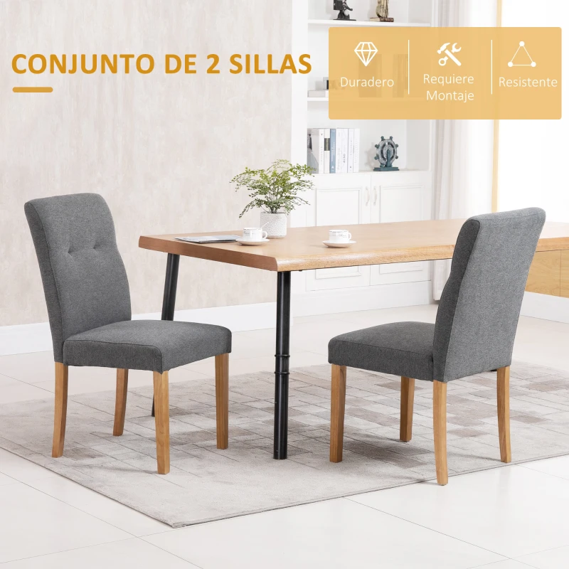 HOMCOM Conjunto de 2 Sillas de Comedor Sillas de Cocina con Respaldo Alto Asiento Acolchado de Tacto de Lino 50x62x96 cm Gris