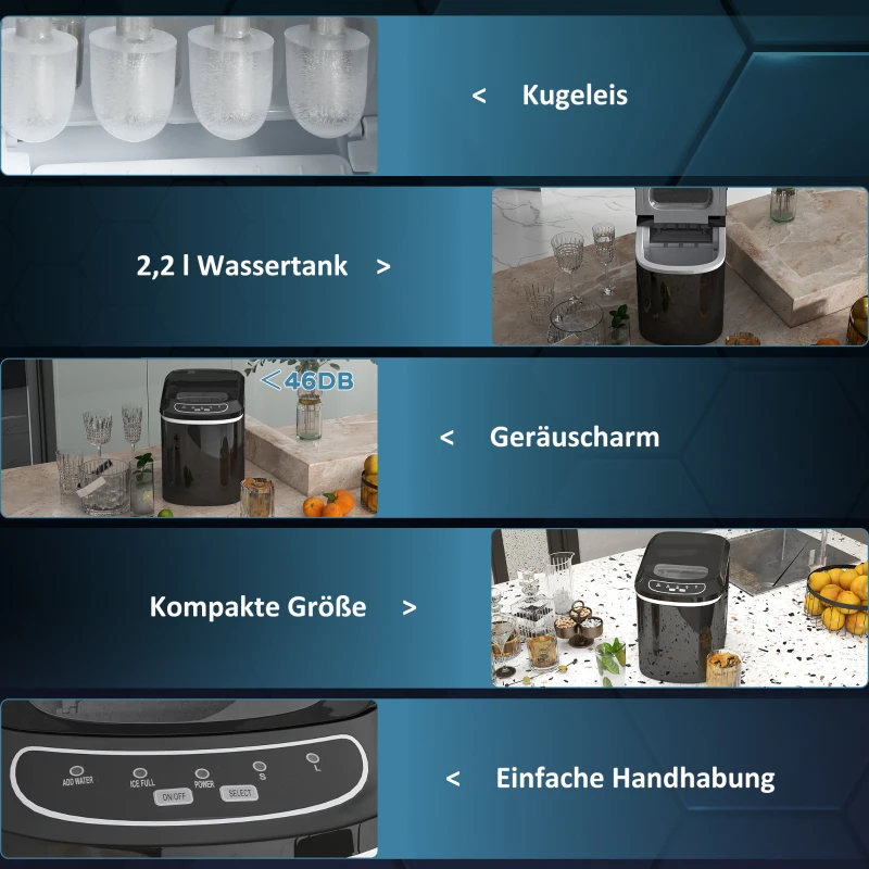 HOMCOM Eiswürfelmaschine, 2, 2 Liter, 12 kg in 24 h, Eiskugeln, selbstreinigend, Eiswanne, Eisschaufel, Schwarz