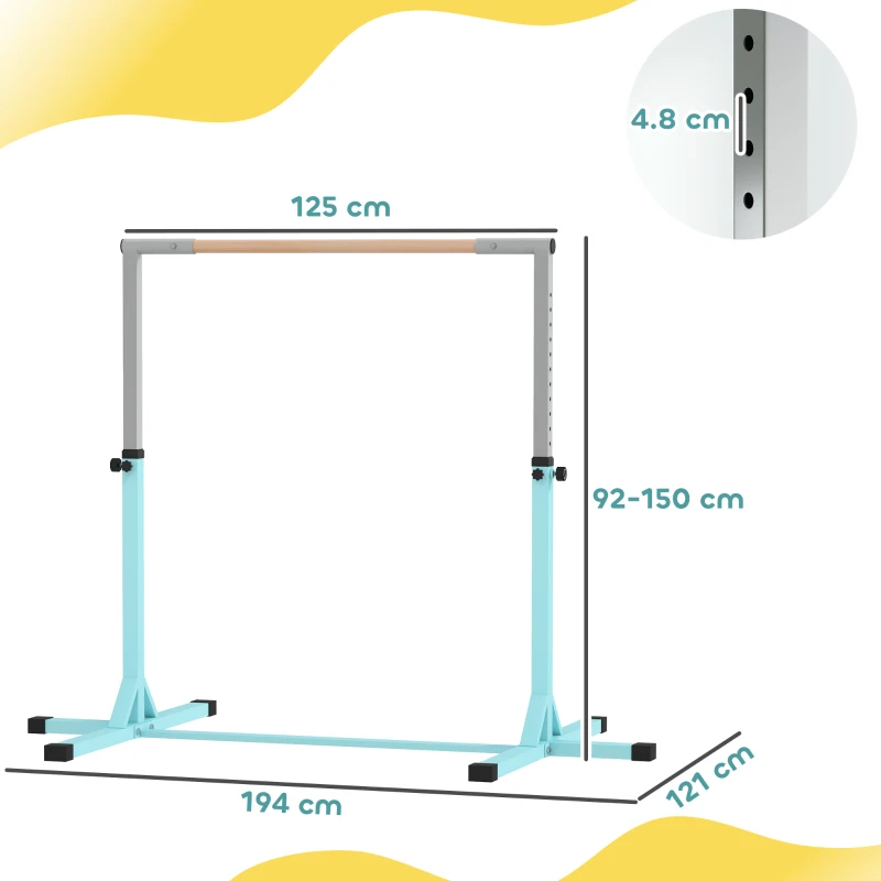 HOMCOM Height Adjustable Gymnastics Horizontal Bar for Kids, Children Junior Kip High Bar Fitness, Light Blue