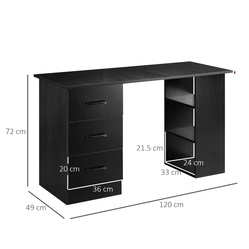HOMCOM Scrivania Moderna in Legno con 3 Cassetti e 3 Ripiani per Camera e Ufficio, 120x49x72cm, Nero
