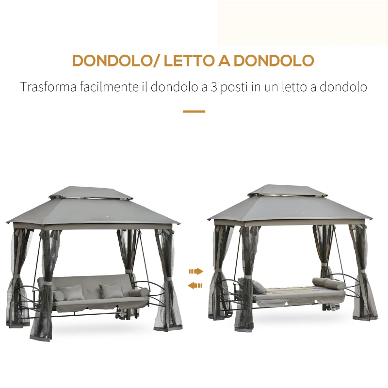 Outsunny Dondolo da Giardino 3 Posti Lettino e Gazebo Design 3 in 1 con Tettuccio, 256x172x248 cm, Grigio Scuro