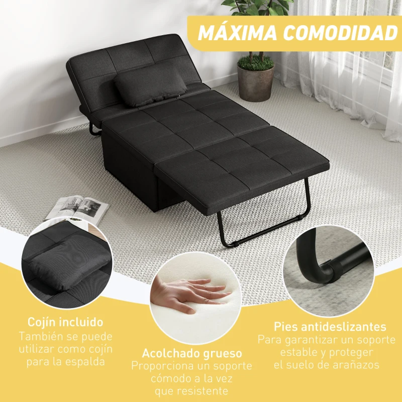 HOMCOM Sofá Cama de 1 Plaza Tapizado en Lino con Respaldo Ajustable en 5 Posiciones Reposapiés y Reposacabezas Negro