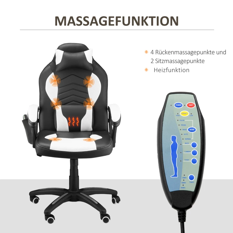 HOMCOM Bürostuhl Massagesessel Massagefunktion mit 6 Vibrationspunkte Ergonomischer Gaming Stuhl mit Wärmefunktion Kunstleder Weiß 68 x 69 x 108-117cm