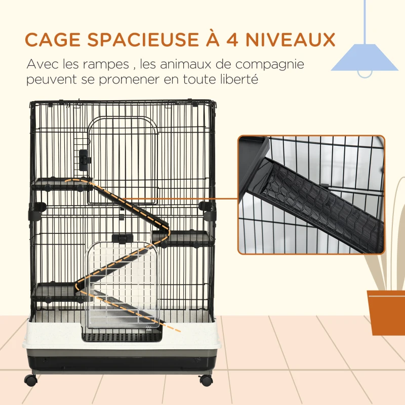 PawHut Cage pour petits animaux roulante 3 plates-formes démontables 3 rampes plateau inférieur amovible métal PP 81,2 x 52,7 x 114 cm noir