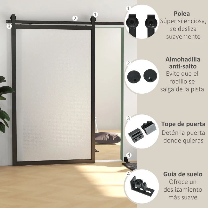 HOMCOM 8FT/244cm Kit de Accesorios para Puerta Corrediza con Amortiguador sin Perforación y 2 Rieles para Granero Negro