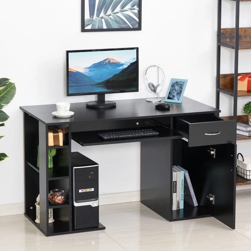 HOMCOM Bureau informatique table d'ordinateur multimédia multi-rangements avec étagère tiroir tablette clavier MDF 120 x 60 x 74 cm noir