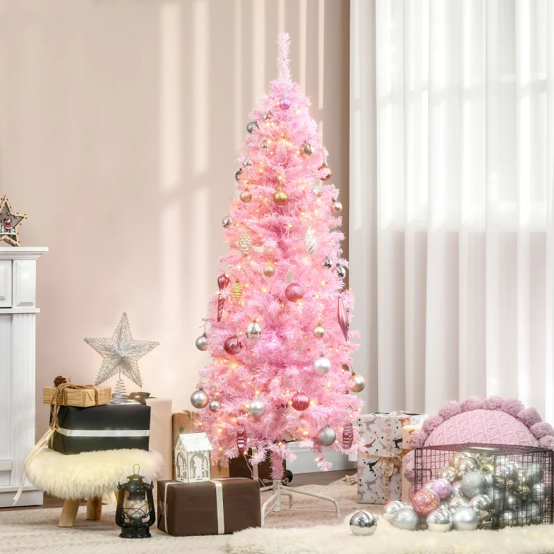 HOMCOM 5FT Tall Prelit Pencil Slim Artificial Christmas Tree with Realistic Branches, Warm White LED Lights and 408 Tips, Xmas Decoration, Pink