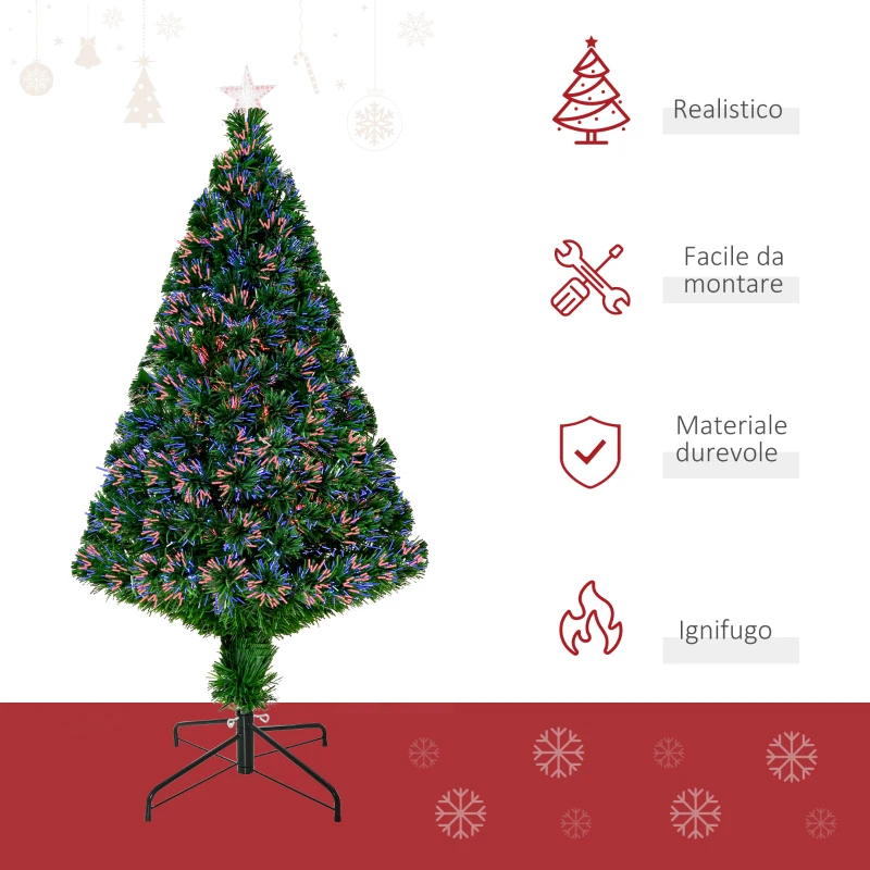 HOMCOM Albero di Natale Artificiale 120cm con Fibre Ottiche e Luci LED, Albero di Natale Luminoso con 130 Rami, Verde