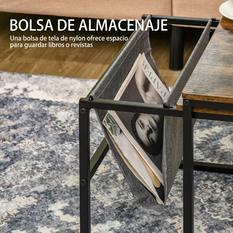 HOMCOM Conjunto de 2 Mesas Auxiliares Anidadas con Bolsa de Almacenaje 45,5x50x46 cm y 63x45x42,5 cm Marrón Rústico