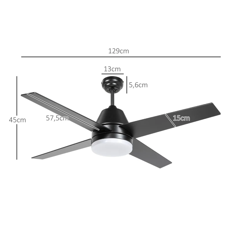 HOMCOM Ventilador de Techo con Luz 46W Ø129 cm Motor DC con 4 Aspas Reversibles Mando a Distancia y Temporizador Negro